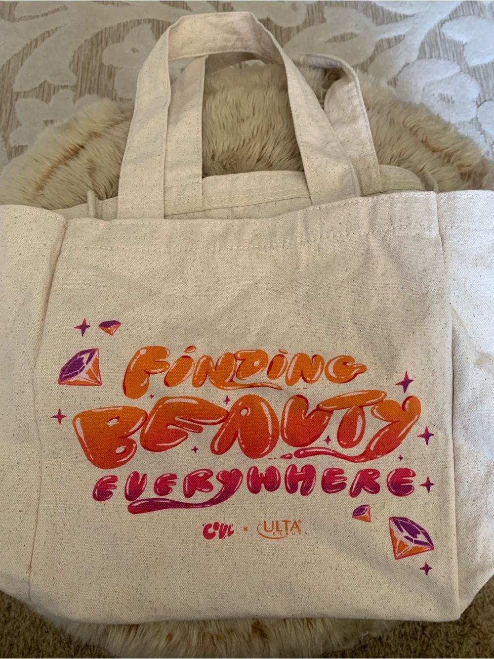 Ulta Beauty Cream Tote with Orange and Pink Graphic